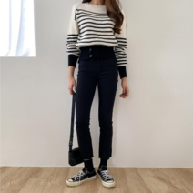 옷자락 여자 슬림 밑단컷팅 백바지 데일리 일자 검정 면바지
