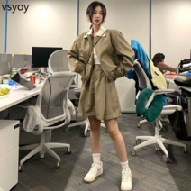 vsyoy 2023 패션 정장 대비 디자인 느슨한 캐주얼 재킷 코트 슬림 스커트 하이 엔드 투피스 슈트