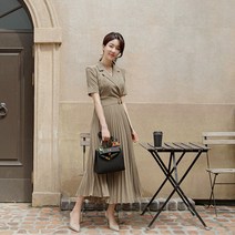 써머 패션 식 분위기 슈트 칼라 수수한 웨이스트 플리츠 스윙 스커트 직장용 원피스