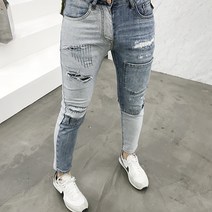 용된다 남자 빈티지 워싱 배색 슬림핏 청바지