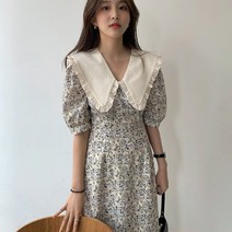 빅카라 프릴 카라 반팔 벌룬 소매 퍼프 플라워 롱 플레어 하객룩 원피스