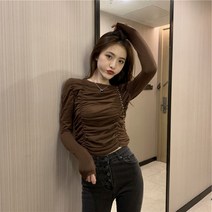 주름셔츠 숏맨투맨 여성 차오쿠 디자인감각 보이핏 볼륨 레쉬 상의 슬림핏 긴 소매 초 가을 2424542656, S 브라운55