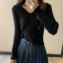 도앙뜨 여성 봄 가을 레시 카라 브이넥 무지 골지 여자 니트티 이너티