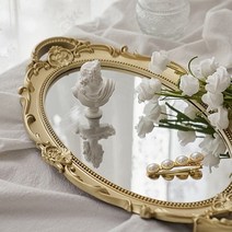 엔틱 빈티지 미러 트레이 벽걸이 거울 골드 원형