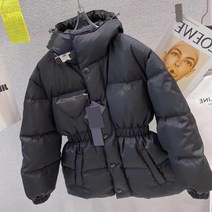 오리털 90% 여성 명품st 숏 블랙 패딩 후드 점퍼 허리라인 슬림 밴딩 빅사이즈