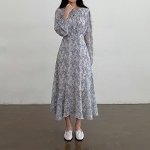 더핑크 / [더핑크] 포런 루즈핏 플라워 쉬폰 핀턱 롱 원피스