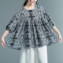 도니와 여성 7부소매 라운드넥 블랙나염 꽃무늬 플레어티셔츠 예쁜티셔츠 가슴셔링 편한티셔츠 봄티셔츠 여름티셔츠 여름블라우스 리조트룩 엄마티셔츠 직장인티셔츠 오버핏티셔츠 블랙티셔츠