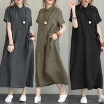 티 빅사이즈 박스원피스 루즈핏 린넨 카라 반팔 퍼프 은창린넨 원피스 롱 실내복 롱원피스