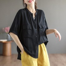복고풍 주름 오버핏 반팔 린넨 셔츠 편한 통 넓은 시원한 여름 남방 맘룩 엄마 선물 그린