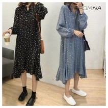 [바쿠] 여성 빅사이즈 루즈핏 허리끈 밑단프릴 쉬폰 롱 원피스[2889kw19420p]