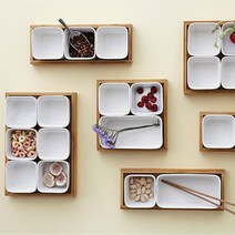 트래블앤쿡 사각 분할 디저트 나눔접시 소스 반찬 그릇 세라믹 서빙접시 우드트레이 세트 6종, 03 사각그리드프레터_정3