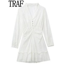 펀칭 레이스 자수 원피스 펀칭미니원피스 여성 프릴 화이트 미니 컷 아웃 짧은 셔링 긴팔 우아한