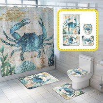 인쇄 폴리 에스테르 방수 샤워 커튼 바닥 매트 러그 화장실 네 개의 대형 목욕 타월 욕실 세트, [01] Blue, [01] One Size
