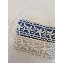 레이스여왕 린넨 바람꽃 양면 자수 면레이스 폭 3.7cm X 90cm 국내제작, 블루