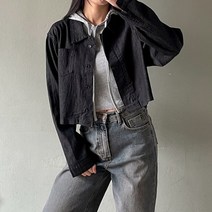(캠퍼스룩)데님 포켓 루즈핏 무지 크롭 청자켓