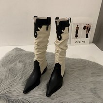 여성용 웨스턴 카우보이 부츠 카우걸 포인트 토 데님 겨울 무릎 높이 부츠 롱 슬립 온 플리츠 슈즈 2023