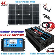 태양광인버터 t2b 전력 시스템 태양광 발전 인버터 변환기 dc12v에서 ac 220v110v 300w + 태양 전지 패널 18w 12vusb 5v + 컨트롤러 30a, 검은색