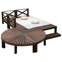 야외 평상 틈새없는 마루 원목 벤치 파라솔 테이블, 부채꼴  90x 90x 20cm