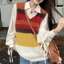 브이넥 스트라이프 패턴 앙고라 니트 조끼 ST119381V