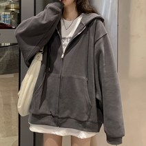 여성봄가방하라주쿠-한국 버전 후드 가을 단색 지퍼 오버사이즈 스웨터 긴 소매 포켓 코트 재킷