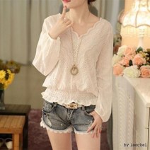 F7904 예쁨주의 허리셔링 펀칭레이스 V넥 블라우스 BL 브라우스 면레이스 가을 공주옷