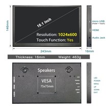 휴대용 모니터 노트북 보조 포터블 모니터 10.1 인치 lcd 디스플레이 lcd 터치 스크린 ps4 xbox 시리즈 raspberry pi pc 용 듀얼 스피커가있는 hd, 터치 1024x600