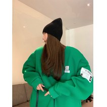 그린맨투맨 여성 겨울 가을 키치한 라운드넥 플라워 프린팅 디자인감각 보이핏 볼륨 OVERSIZE 하프기장 3551857216