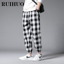 [해외]Ruihuo 발목 길이 격자 무늬 하렘 바지 남성 의류 조깅 남성 바지 바지 일본 패션 회색