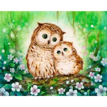 보석십자수 DIY 다이아몬드 캔버스 가로형 40 x 30cm, 엄마 부엉이