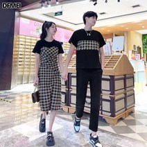 DFMEI 여름 커플룩 반팔 여체크 미디 원피스 남반팔 패치 티셔츠