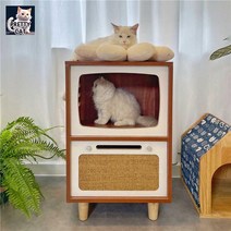 반려 동물 원목 고양이 하우스 반려묘 집 선반형 나무 침대 숨집, 지존 호두색(왼쪽 구멍), 45*38*70(cm) 자체 설치