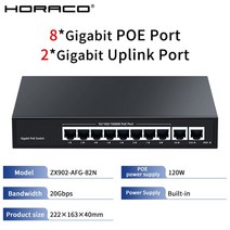 네트워크 HORACO POE 스위치 8 포트 10/100Mbps 적응형 IEEE 802.3af/at Watchdog 4 5 6 10 RJ45 IP 카메, 08 ZX902-AFG-82N