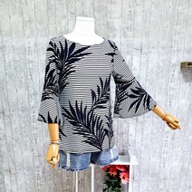 나팔소매 보트넥 저지 프린트 티블라우스(Wide Boat NK Blouse 와이드 커프스 미시룩)