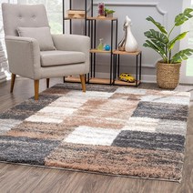 RUG BRANCH 부드러운 플러시 레트로 컨템포러리 기하학 샤그 브라운 화이트 실내 부분 러그 거실 침실 다이닝 룸 및 주방용 - 1.5m x 2.1m(5피트 3인치 7피트7