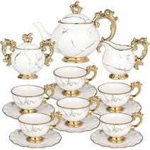 도자기 티 세트 - 여성용 성인용 15피스 크리머 및 설탕 그릇 포함 6인용 찻잔 받침 찻주전자(1 1L(38온스)) 컵 포함(209 8g(7 4온스))