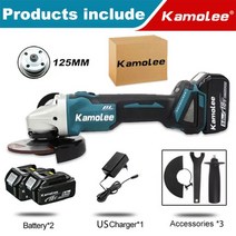 Kamolee-브러시리스 무선 앵글 그라인더 125MM/100MM 18500RPM 4 단 절삭 전동 공구 마끼다 18V 배터리, 10 125MM 2 Battery US
