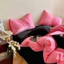 자취생 인스타 감성 블랙 핑크 투톤 차렵 침구 풀세트 4종 단색 여름용 사계절 코튼 순면 이불