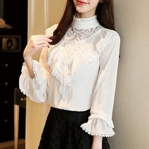레이스 배색 블라우스 하객룩 셔링 셔츠