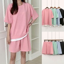 [프롬제니] 마보닌 레이어드 반팔 티셔츠 밴딩 반바지 상하 세트 여름 5부 트레이닝 여성 빅사이즈 상하의 츄리닝 홈웨어 맨투맨 휴가 코디 캠핑룩 데일리 바캉스 여자 실내복 핑크색