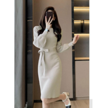 [엔젤D] 여성 볼륨 소매 벨트 니트 롱 원피스