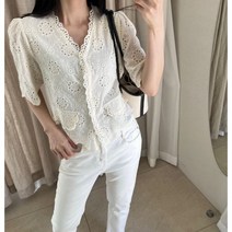 면블라우스 화이트 핑크 꽃무늬 단추 프릴 레이스 여름반팔티