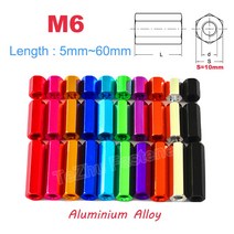 2/5pcs M6 헥스 Standoff 스페이서 육각형 스터드 너트 나사 막대 알루미늄 합금 암나사 슬리브 더블 패스 길이 5mm 60mm, [02] M6  (5pcs), [04] Royal blue, [08] 60mm