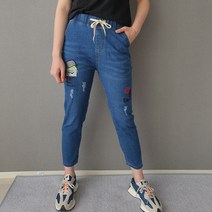 아줌마청바지 캐릭터 자수 허리밴딩 데님 4060대 늘씬한청바지 미시 중년