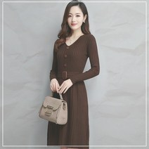 [KT알파쇼핑]벨트 니트원피스 브이넥 H라인 긴팔 골지 가을
