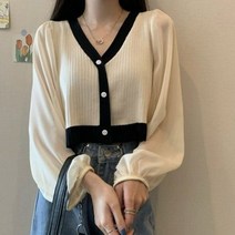 셀러허브 패션 데일리 배색 쉬폰 니트 가디건
