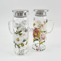내열유리물병 1.4L 목련 대장미 냉장고 물병 쥬스병 손잡이 레트로 예쁜 꽃무늬 물통, 1. 목련