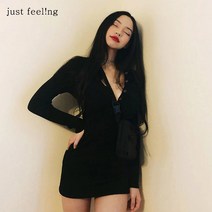 just feel!ng 여성용 브이넥 롱 슬리브 버튼 슬림핏 골지 슬림 원피스 미니원피스 긴팔원피스 여성원피스 데일리 날씬원피스
