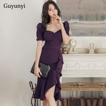 예복원피스 아나운서 일반 컬러 꽉 우아한 파티 드레스 2022 봄 높은 허리 슬림 작은 비대칭 프릴 여성 비