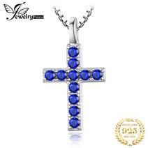 JewelryPalace 크로스 여성을위한 블루 스피넬 925 스털링 실버 펜던트 목걸이 제작 패션 보석 쥬얼리 초커 체인 없음