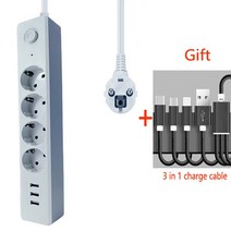 멀티탭EU 소켓 250V 16A 2500W 3 USB 충전 전화 4/3 콘센트 전원 스트립 집 전압 보호, 01 250 볼트_01 white_01 EU, 03 model 1 with cable